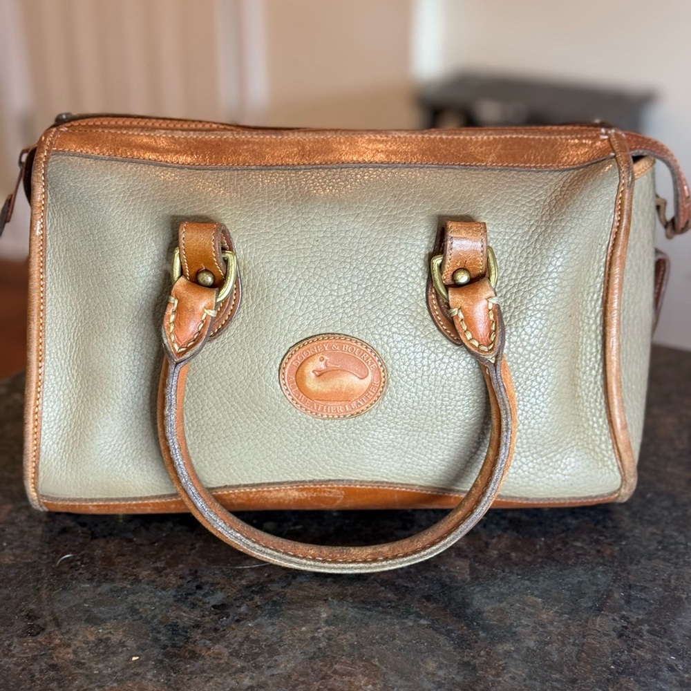 Vintage Dooney & Bourke Olive Green and Brown Leather Satchel with Brass Accents
